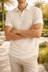 Zach | Men’s Textured Knit Polo Shirt Short Sleeve Relaxed Fit — Beige, image 3