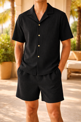 Zane | Men’s Pleated Shirt and Shorts Co-Ord Set Relaxed Fit — Black, image 1